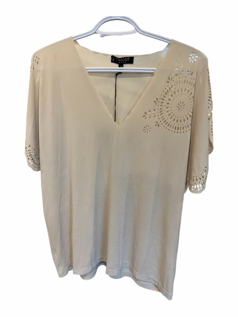 Tricot Chic  V-Neck Top with Laser-Cut Detail - Size 8 - Brand New +80% off